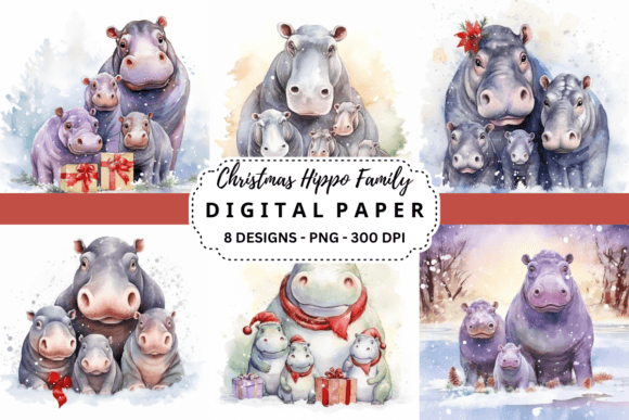 Christmas Hippo Family Backgrounds: Whimsical Holiday Design
