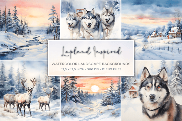 Lapland Watercolor Landscape Backgrounds: Ethereal Digital Assets